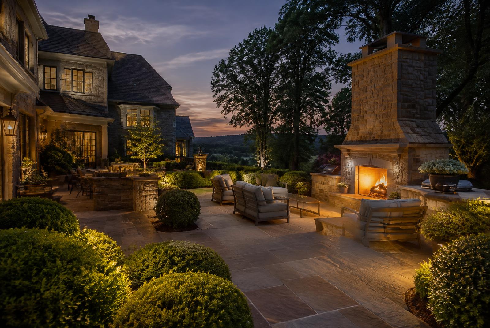 Stone patio and outdoor fireplace at dusk